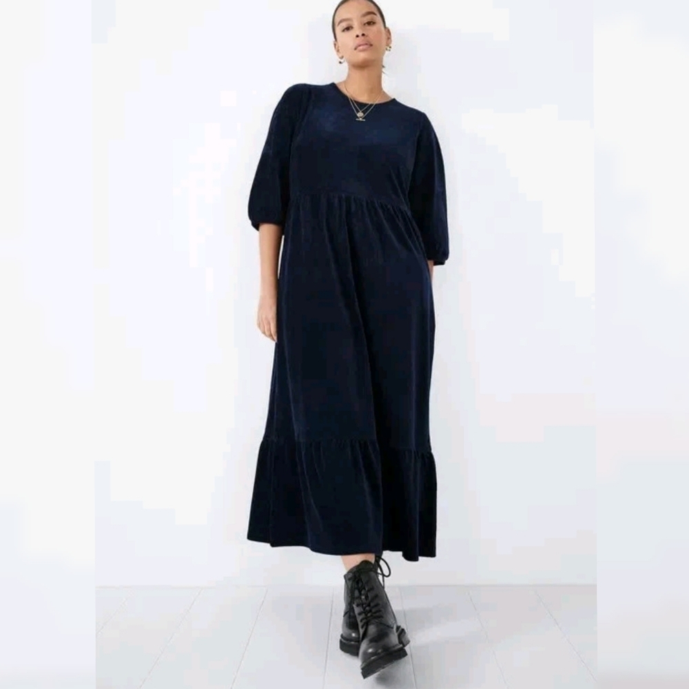 Hush Athena Corduroy Ruffle Hem Midi Dress 6 Navy Blue